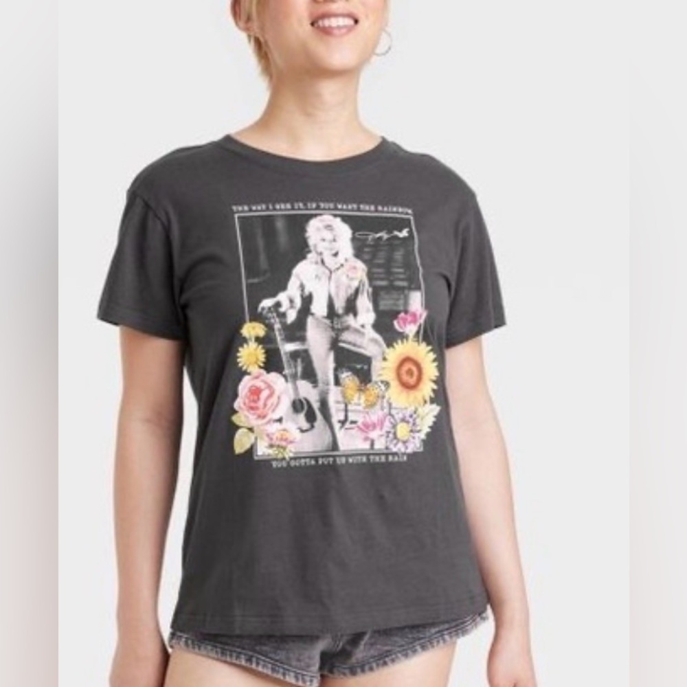 Dolly Parton Graphic T-Shirt‎ XL Charcoal Gray 100% Cotton Floral Rainbow Quote